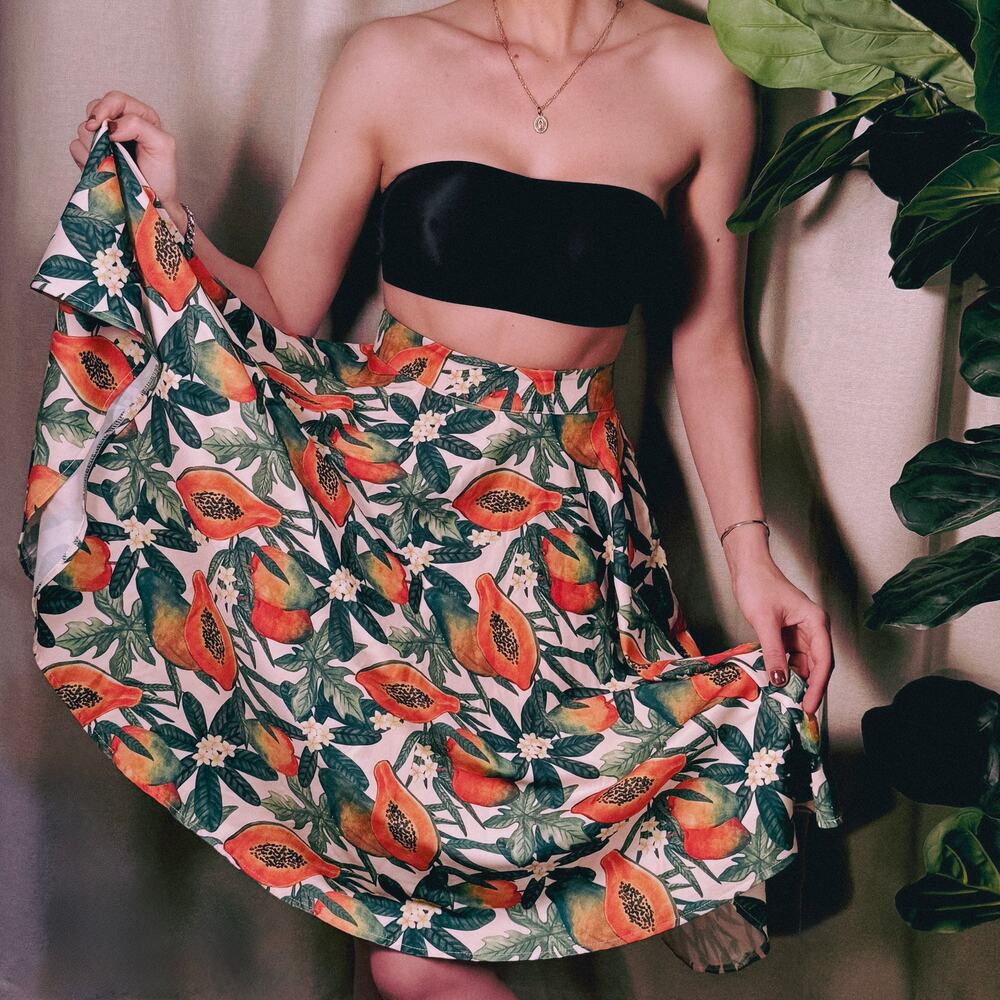 Voodoo Vixen Tropical Print Swing Skirt, Papaya Pinup